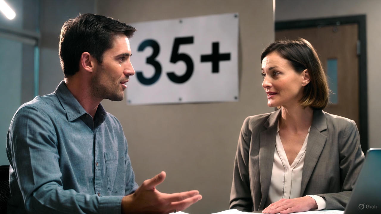 Colleagues discussing next to a 35+ sign.